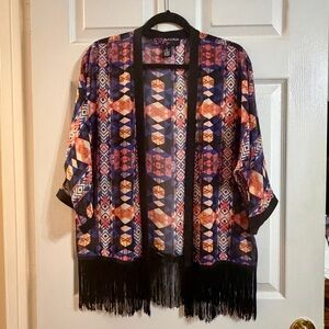 Peck & Peck Sheer Geometric Fringe Kimono Cardigan – Size Large
